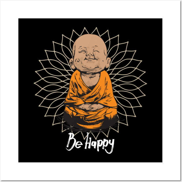 Be Happy Little Buddha on Mandala T-shirt Wall Art by Chilling Nation